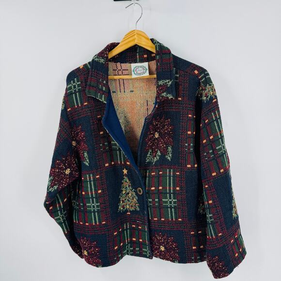 Sugar Street Weavers Tapestry Christmas Jacket Poinsettias Plaid One Size - Picture 10 of 10